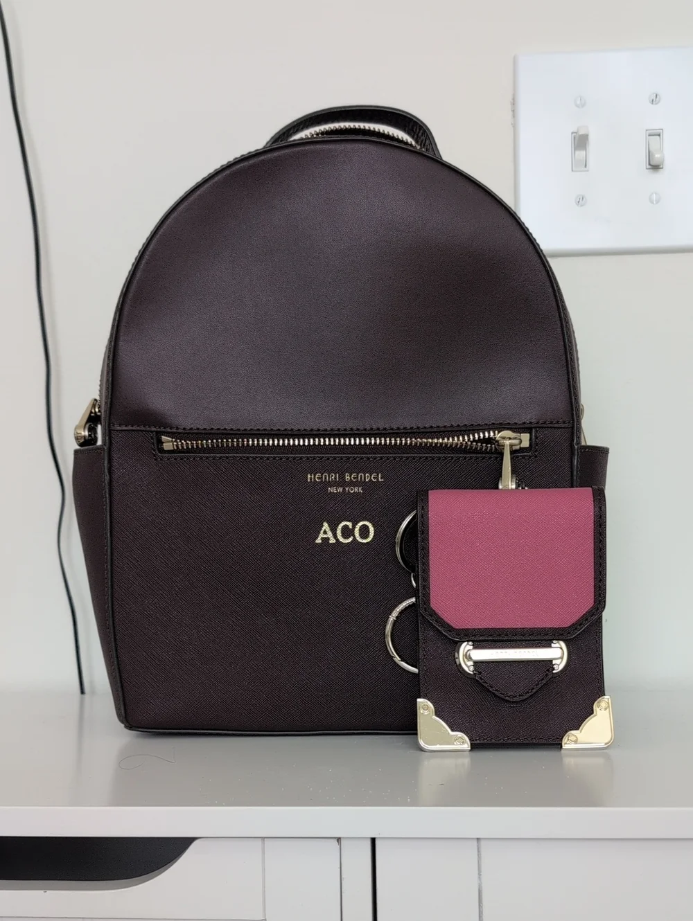 henri bendel Chocolate Brown Leather Backpack with Rose Pink Card Holder
